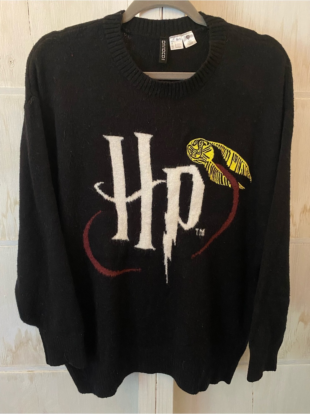 H&M Harry Potter Large Black Crewneck Sweater with White Logo and Yellow Accent
